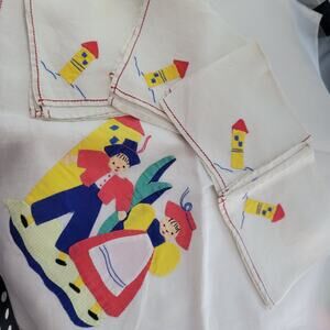 Vintage Embroidered Dutch Holland Tablecloth + 4 Napkins Linen 1930s